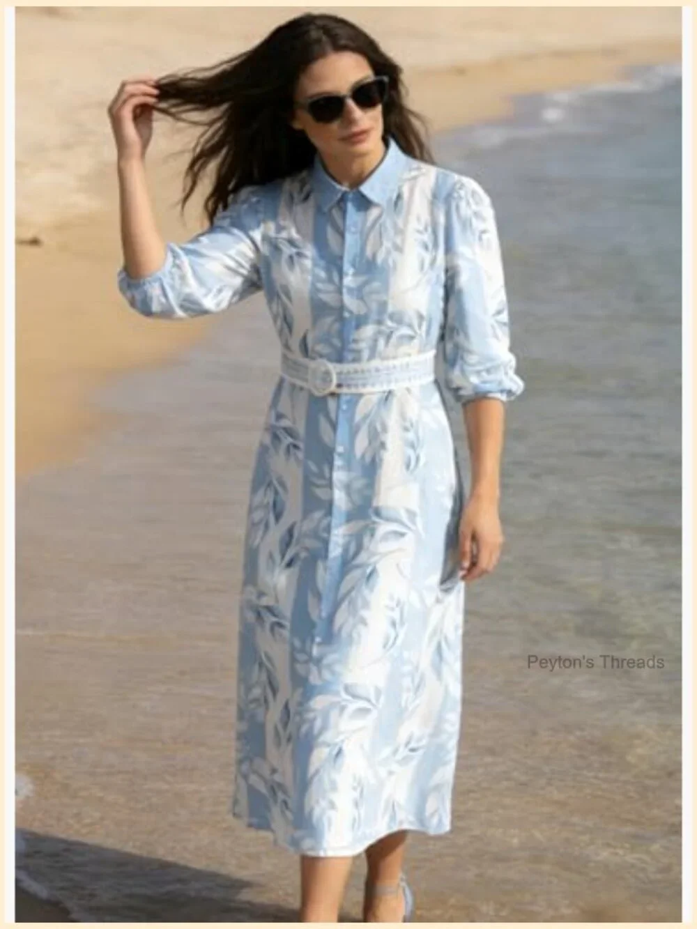 Women Summer Boho Maxi Dress Long Sleeve Button Down Tie Waist with Pocket - Picture 3 of 6